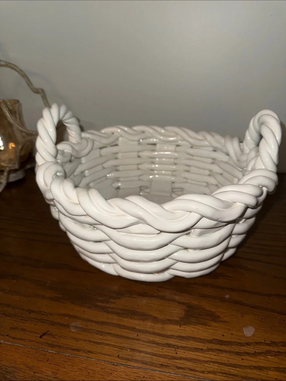 White Ceramic Woven Basket / Bread Decorative Bowl Stamped Made in Italy